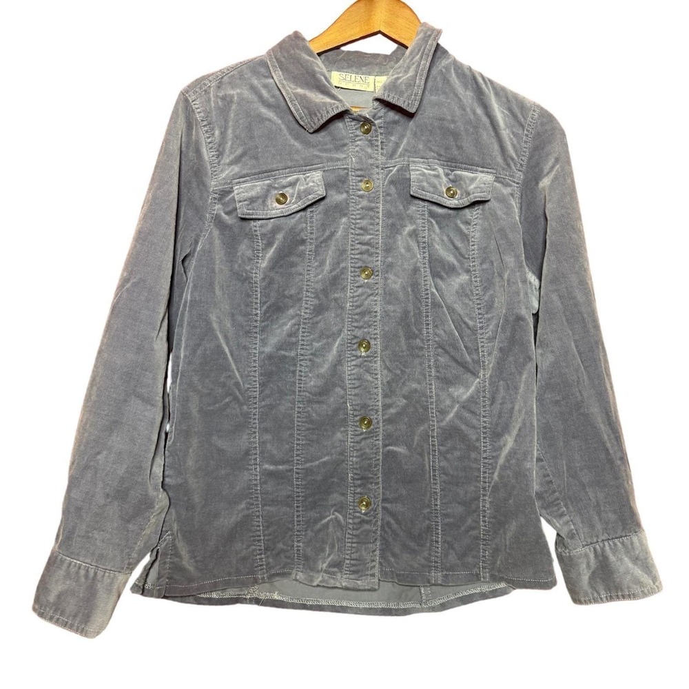 Vintage Selene Sport Women Size 14 Blue Gray Corduroy Button Down Shirt Jacket